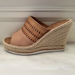 Toms Espadrille Wedge Sandal Cognac Woven Leather & Canvas Size 9 Excellent Cond